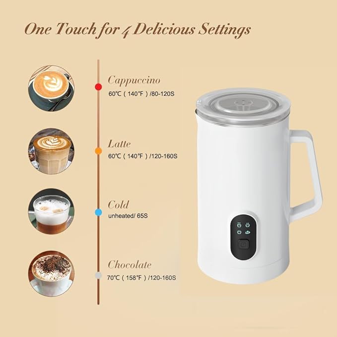 4 IN 1 Electric Milk Frother, Automatic Hot & Cold Milk Foamer, 19.6oz/580ml Large Capacity for Latte Coffee Hot Chocolates Cappuccino (White, 220V EU PLUG)
