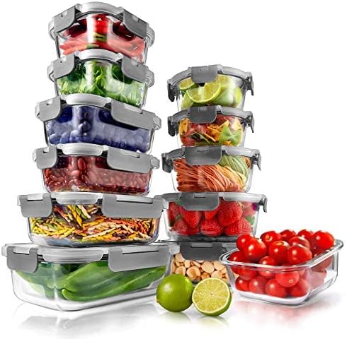 NutriChef 24pcs Glass Food Storage Containers, (12 Stackable Heavy Duty Meal Prep Containers w/ 12 Airtight Lids), Microwave, Freezer, & Dishwasher Safe for Food, Snacks, Fruit & More, (Gray)