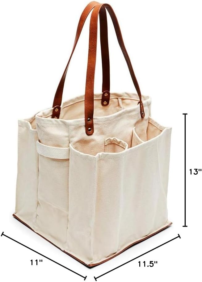 CapaBunga Farmer's Market Tote Shopping Bags with Handles - 7 Pocket Large Utility Tote Bag - Heavy Duty Canvas Utility Bag with Vegan Leather Base - Reusable Tote Bag - Natural Grocery Bag