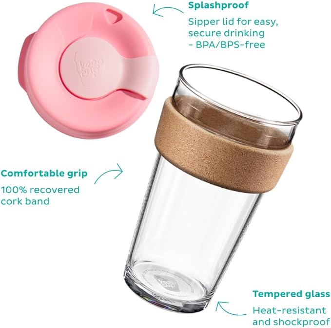 KeepCup Brew Cork, Reusable Glass Tumbler with Natural Cork, Grande Coffee Cup 16oz/454ml - Filter