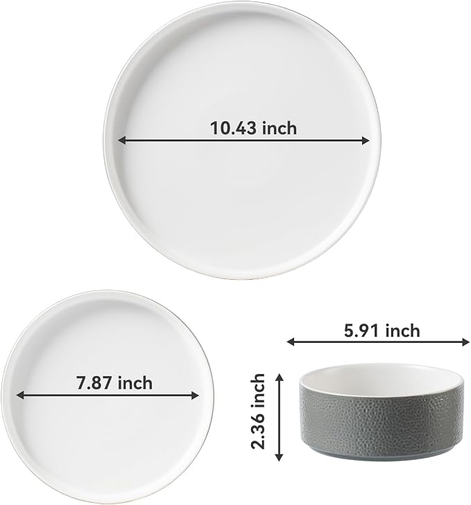 Grey Ceramic Dinnerware Set for 4, 12 Piece Porcelain Plates and Bowls Set, Modern Stoneware Chip and Scratch Resistant Dinner Plate Sets, Everyday Dish Sets, Microwave and Dishwasher Safe