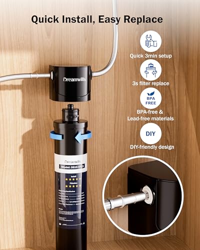 Dreamwills DS15 Under Sink Water Filter with CP15 Replacement Filter, Tool-Free Installation, Reduces Lead and Chlorine, 2-Year Long-Lasting Filtration System