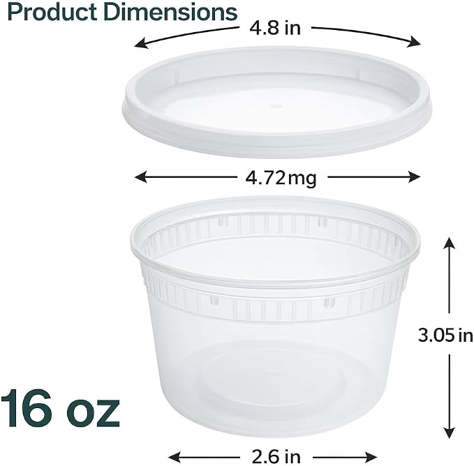 16oz [100 set] Heavy Duty Plastic Deli Container | BPA-Free Food Storage with Airtight Leak‑Proof Lids | Microwave, Freezer & Dishwasher Safe – Stackable, Bulk Reusable Soup & Meal Prep Tub