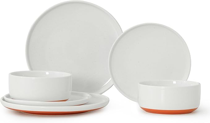 6 Piece Dinnerware Set, Dual Glaze Stoneware Plates and Bowls Sets, Modern Dinner Plate, Salad Plate, Cereal Bowl, Dish Set for 2, Microwave and Dishwasher Safe, Stardust Glaze White