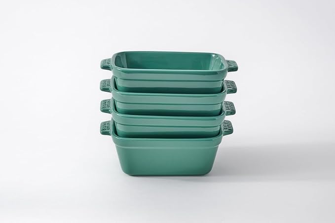 Souper Cubes Stoneware - Small Ceramic 5" x 3" Baking Dish with Silicone Covers, Small Baking Dishes for Oven Perfect for Reheating Single Serve Portions, Set of 4 - Kale