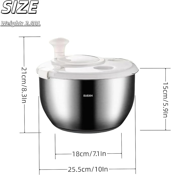 6L Stainless Steel Salad Spinner - Quick Spin Dryer for Vegetables, Lettuce, Fruit and Pasta, Commercial and Household Essential Kitchen Utensil