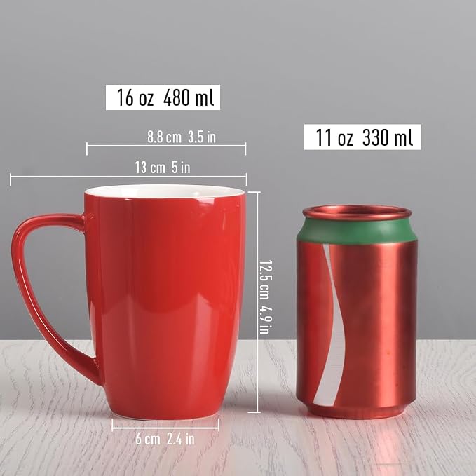 homEdge Porcelain Mug Set, 16 Ounces Cup for Tea, Latte, Mocha, Hot Chocolate, Set of 6, Red