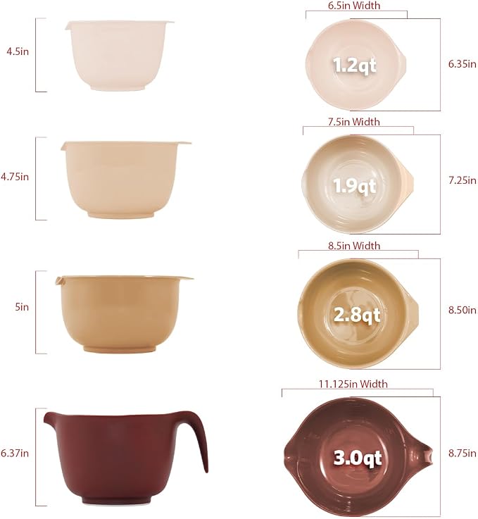 Glad Mixing Bowls with Pour Spout, Set of 4 - Nesting Plastic Bowls (1.2qt, 1.9qt, 2.8qt, and 3qt with Handle) - Non Slip Base, Dishwasher Safe Kitchen Cooking and Baking Supplies, Beige