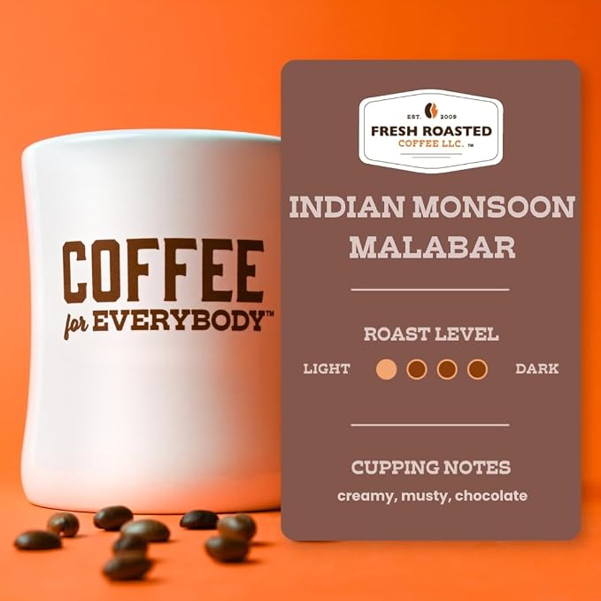 Fresh Roasted Coffee, Indian Monsoon Malabar Whole Bean Coffee, Light Roast, Kosher, 12 oz