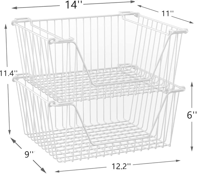 Stackable Wire Metal Baskets Cabinet Organizer Sturdy Metal Wire Pantry Freezer Bin for Home Bathroom Kitchen Friut Vegetable Organization, White - Set of 2