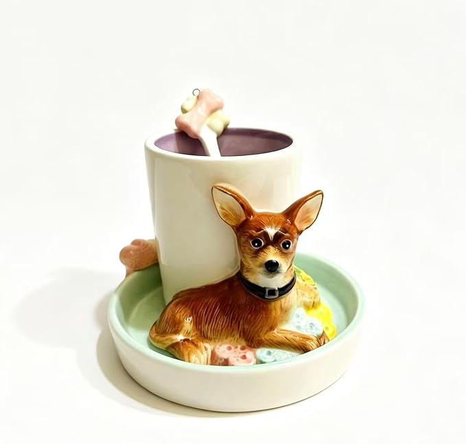 Ceramic Animal Coffee Mug Cup and Saucer Set，200ML(6.8OZ) 3D Hand-painted Tea Cup with Spoon (Brown)