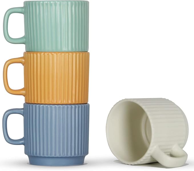 Stackable Coffee Mugs Set of 4, 7 OZ Ceramics Espresso Cups for Latte Cappuccino Cocoa with Handle, Colorful