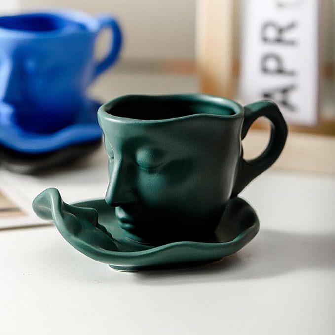 Human Face Ceramic Coffee Mug, 8.8oz/260ml Kissing Coffee Cup with Saucer Coffee Spoon, Tea Cup Milk Latte Espresso Cappuccino Juice Beverage Iced Tea Water Cups Drinkware (Green)