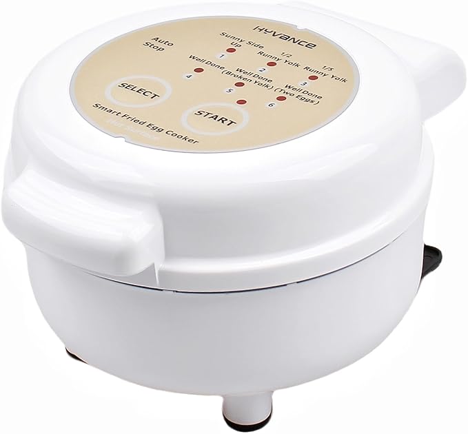 Hyvance Smart Fried Egg Cooker, Automatic Fried Egg Maker for 6 Features like Sunny Side Up, Over Easy, Fully Cooked & More. Auto Power Off, Alarm, Round Shape, Non Stick Coating (White)