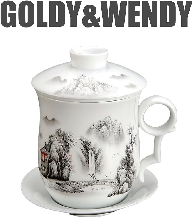 GOLDY&WENDY 4 Pieces Classic Ceramic Tea Cup Chinese Pattern Porcelain Tea Mug with Strainer Infuser and Lid and Saucer for Home Office