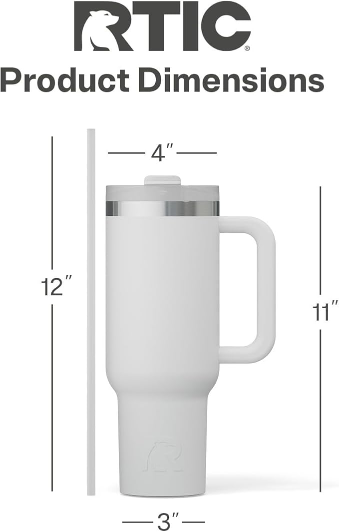 RTIC 40 oz Road Trip Tumbler Double-Walled Cermaic Lined Insulated Stainless Steel Portable Travel Coffee Mug Cup with Lid, Handle and Straw, Cool Grey