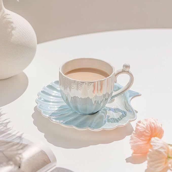 Pearl Shell Ceramic Coffee Mug with Coaster Set for Tea Latte Milk Cute Cup with Saucer for Home Office Women Gift 6.5 oz (Shell Pink, 240 ml)