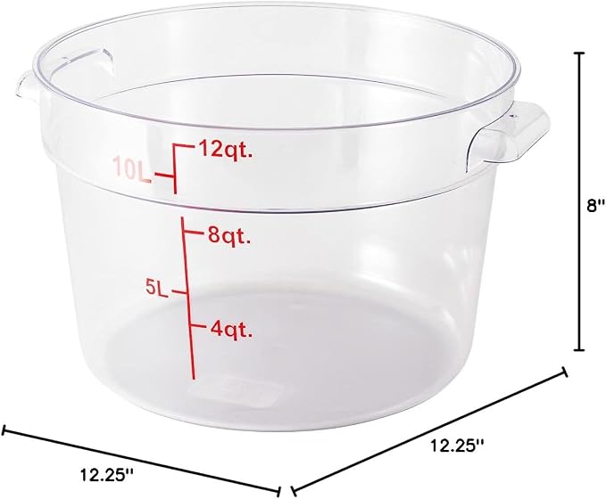 Restaurantware Met Lux 12 Quart Food Storage Containers 10 Round Commercial Storage Containers - Lids Sold Separately With Volume Markers Clear Plastic Food Prep Buckets Space-Saving Storage
