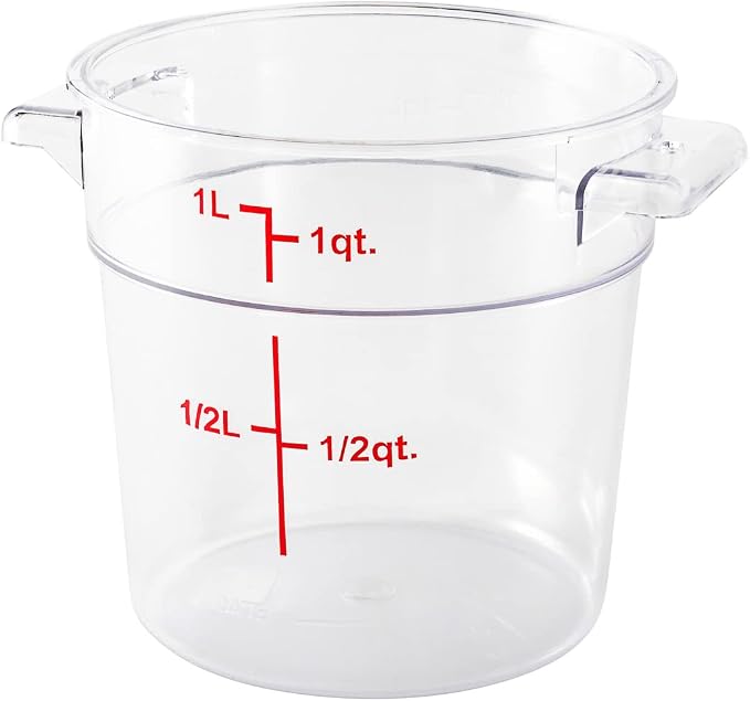 Restaurantware Met Lux 1 Quart Food Storage Containers 10 Round Commercial Storage Containers - Lids Sold Separately With Volume Markers Clear Plastic Food Prep Buckets Space-Saving Storage