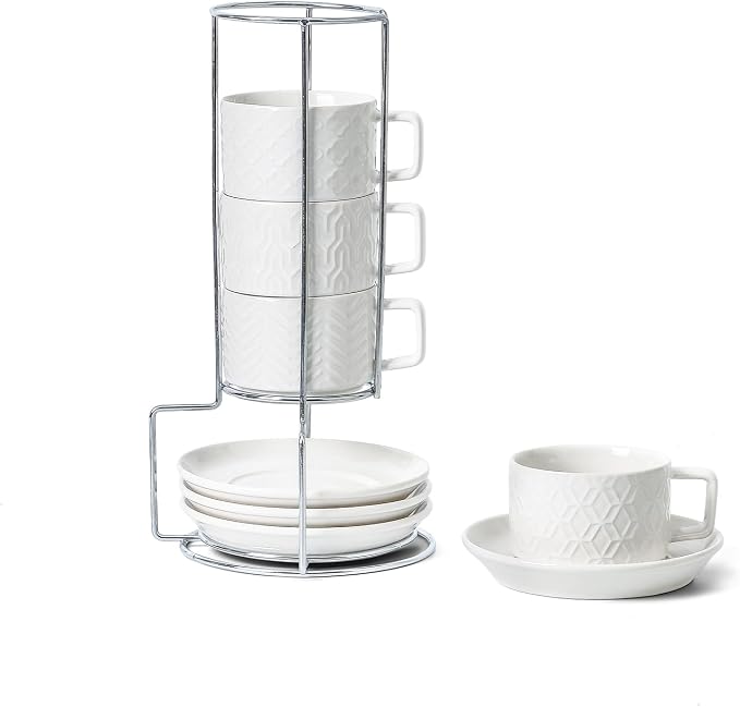 Sureasy 4 Ounce Ceramic Espresso Cups Set of 4 - Stackable Demitasse Cups with Saucers & Metal Stand, Coffee Cups for Latte, Tea, Dishwasher & Oven Safe, White