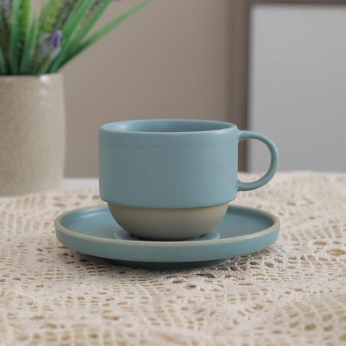 Little minimalist ceramic pottery tea cup with saucer, espresso cup | Matte Light Blue,Durable,Microwave and dishwasher safe, stoneware demitasse cup for lungo,cortado,Matcha, Americano