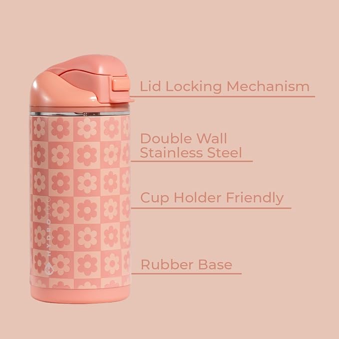 HydroJug Ease2o 14oz Kids Water Bottle with Straw & Chug Lid, Daisy Checkers