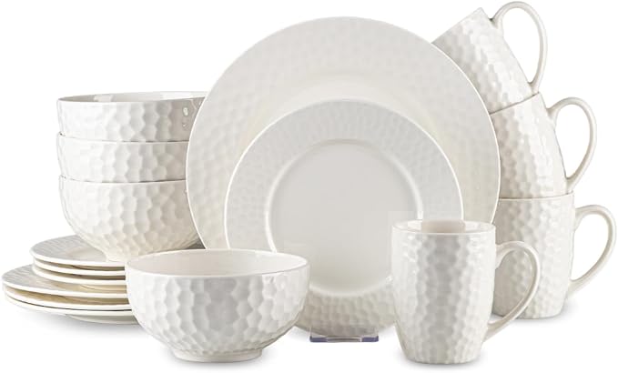 16-Piece Ceramic Dinnerware Set for 4, Water Cube Texture Dishes and Plates Sets, Includes Mugs, Plates and Bowls, Minimalist High-Temperature Reinforced Porcelain, White
