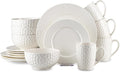16-Piece Ceramic Dinnerware Set for 4, Water Cube Texture Dishes and Plates Sets, Includes Mugs, Plates and Bowls, Minimalist High-Temperature Reinforced Porcelain, White