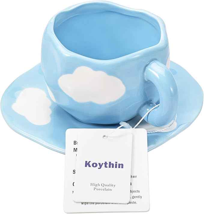 Koythin Ceramic Coffee Mug with Saucer Set, Cute Cloud Coffee Mug and Cup for Office and Home, Blue Sky and White Clouds Cups, 10 oz/300 ml for Latte Tea Milk