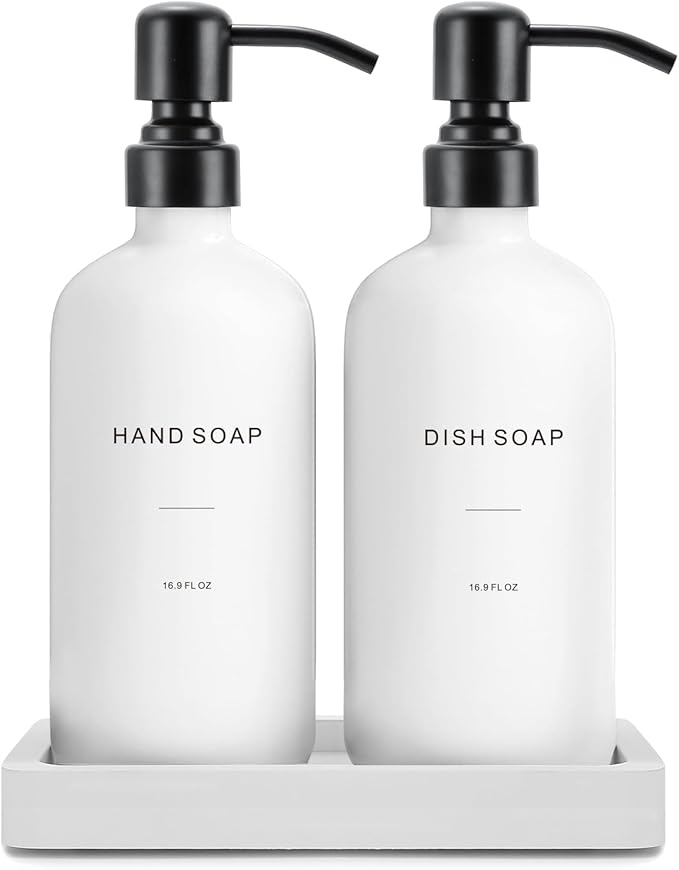 Prus Waso Kitchen Soap Dispenser Set, White Soap Dispenser with Black Stainless Steel Pump, Perfect for Modern Kitchen Decor. (White)