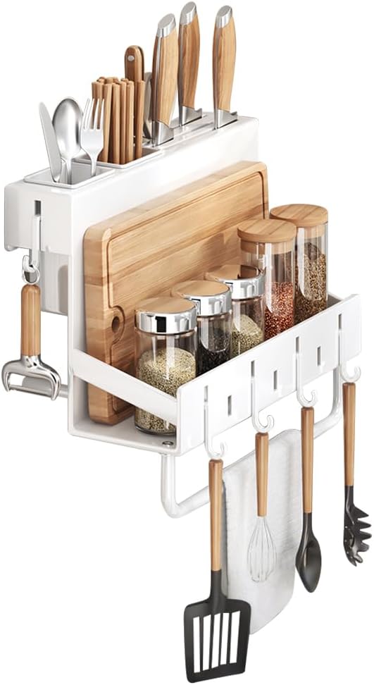 Multifunctional Wall-Mounted Knife Holder Kitchen Utensils Holder Spice Storage Organizer Rack for Knives, Spoons, Chopsticks, Towels, Pot Lids, Spice Jars (White)