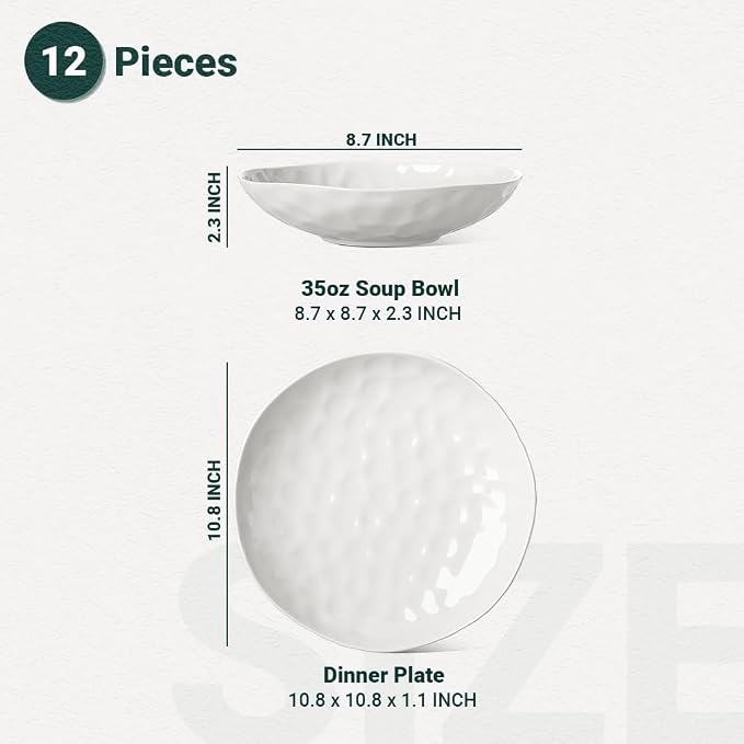 HOMBENE White Dinnerware Set 12 Piece Service for 6, Porcelain Dinnerware Sets, Over Size Plates Sets for Dessert Salad and Pasta, Dishes Set