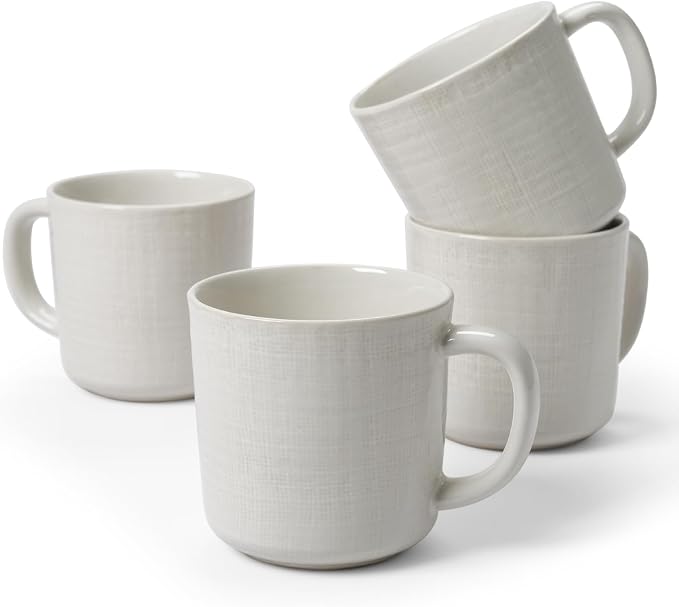 famiware Moonlight Coffee Mug Set of 4, 14oz Mug Set with Linen Finish, Coffee Cup Set with Handle for Latte, Cappuccino, Tea, Hot Cocoa, Microwave and Dishwasher Safe, White