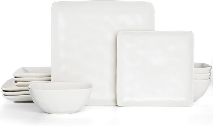 Famiware Stoneware Dinnerware Sets for 4, Ocean Square 12-Piece Kitchen Plates and Bowls Sets, Microwave and Dishwasher Safe, Scratch Resistant, Matte White