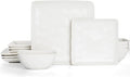 Famiware Stoneware Dinnerware Sets for 4, Ocean Square 12-Piece Kitchen Plates and Bowls Sets, Microwave and Dishwasher Safe, Scratch Resistant, Matte White