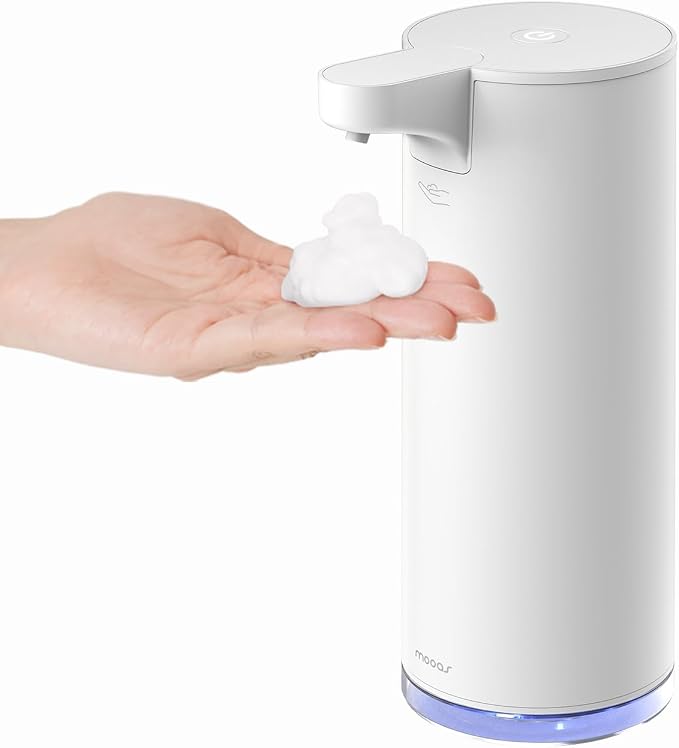 Mooas Automatic Soap Dispenser Bundle– Liquid (Metal) & Foaming Touchless Automatic Soap Dispensers (White), Stainless Steel, Rechargeable, Adjustable Levels, IPX5 Waterproof for Bathroom & Kitchen