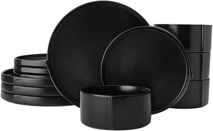 Pfaltzgraff Contemporary Edge 12 Piece Stoneware Dinnerware Set, Service for 4, Plate and Bowls with High Rims for Everyday use, Black