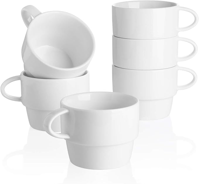 Sweese Porcelain Espresso Cups Set of 6, White Ceramic Espresso Coffee Cups with Handle, 6oz Durable Espresso Coffee Mugs for Home & Cafe
