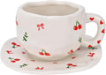 Koythin Ceramic Coffee Mug with Saucer Set, Cute Creative Cherry Bow Cup Unique Irregular Design for Office and Home, 10 oz/300 ml for Latte Tea Milk