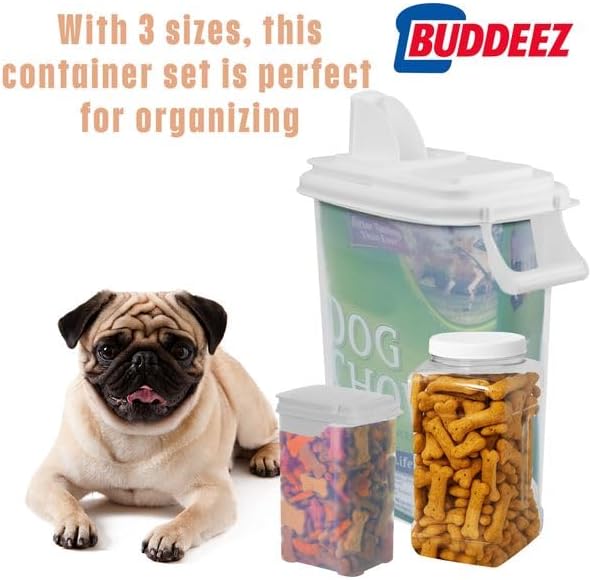 Buddeez Pet Food Storage Solution (Set of 3) - 32QT, 4QT & 2QT BPA-Free Containers with Scoop & Pour Spout for Dry Food, Treats, Chews (White Lid)