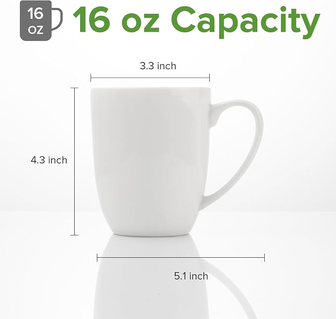 Fine Bone China White Coffee Mugs, 16 oz Large Capacity, Set of 4 Tea Cups, Thin Thickness and Light Weight, Comfortable to Hold, Microwave and Dishwasher Safe