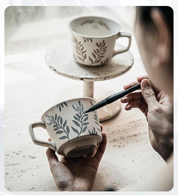 12OZ Stackable Coffee Mugs, Ceramic Coffee Mugs with Grass leaf pattern for Man,Woman,Dad,Mom, Modern Coffee Mugs Set of 2 for Latte,Cappuccino,Cocoa. Dishwasher&Microwave Safe(Leaf)