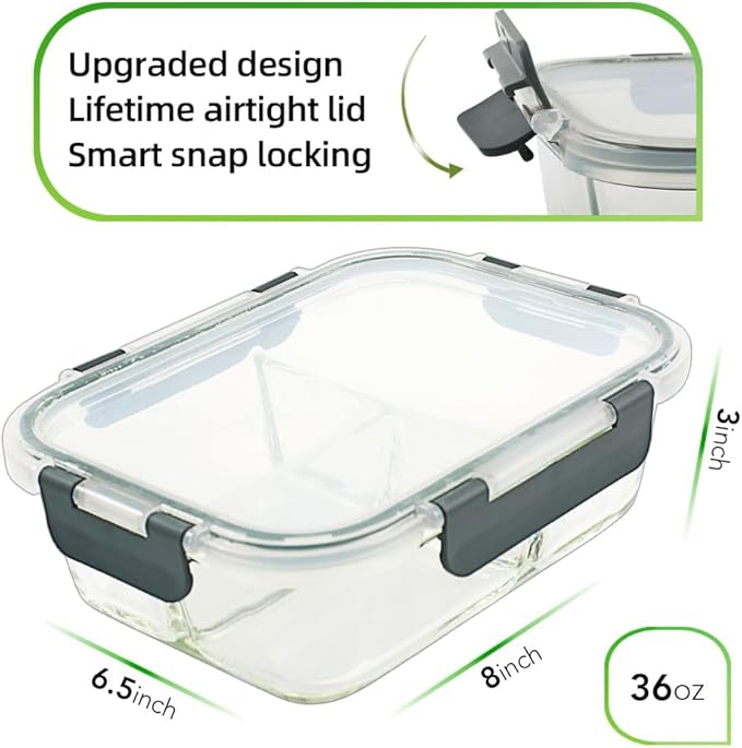 DAS TRUST [5-Packs, 36 oz Glass Meal Prep Containers 3 Compartment with Lids, Glass Lunch Containers,Food Prep Lunch Box,Bento Box,Microwave, Oven, Freezer, Dishwasher (4.5 Cups, Gray)