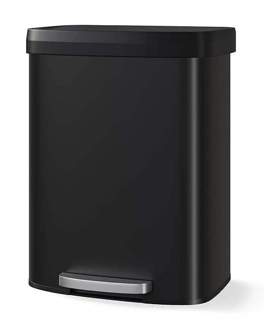 60 Liter/16 Gallon Kitchen Trash Can, Trash Can with Lid and Foot Pedal, Stainless Steel Garbage Can with Liner Rim, Rear Handle, Soft Close Plastic Lid