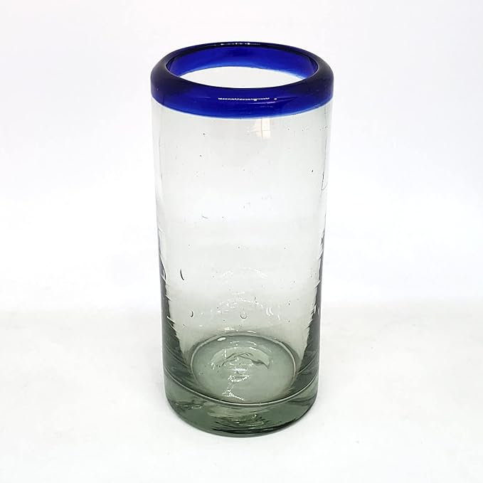 Cobalt Blue Rim 14 oz Highball Glasses (set of 6), Recycled Glass, Lead-free, Toxin-Free (Highball)