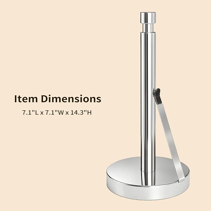YUMORE Heavy Duty Stainless Steel Paper Towel Holder – Easy One-Handed Tear, Weighted Base Non-Slip, Tension Arm Prevents Unraveling, Countertop Paper Stand for Kitchen, Fits Most Size Rolls (Chrome)