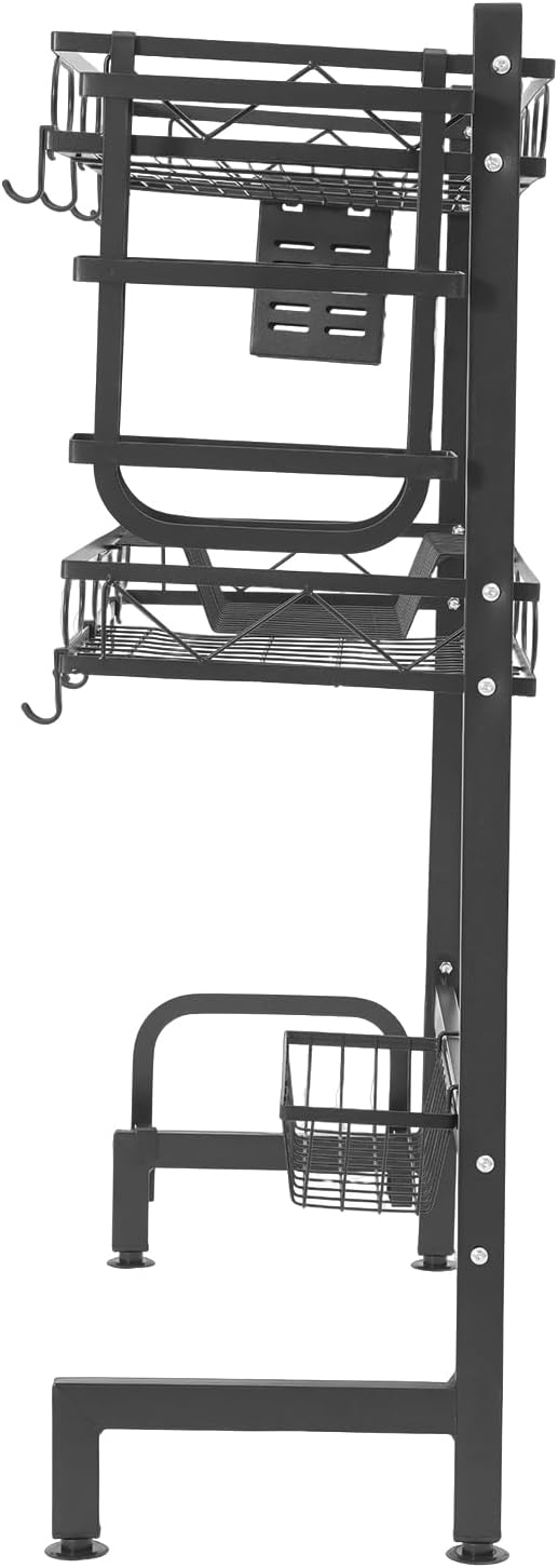 2-Tier Over Sink Dish Drying Rack, Multifunctional Kitchen Rack Extra Large Extendable Dish Rack Carbon Steel Over Sink Dish Rack with 8 Hooks for Kitchen Counter (24in)