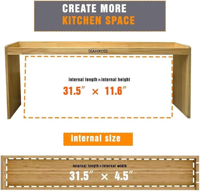 Bamboo Wood Over the Stove Spice Shelf for Kitchen Storage, 31.5" Spice Rack Organizer Stove Top Shelf with 6 hooks, 11.4" Height Extra Oven Back Sink Countertop, Easy to Assemble