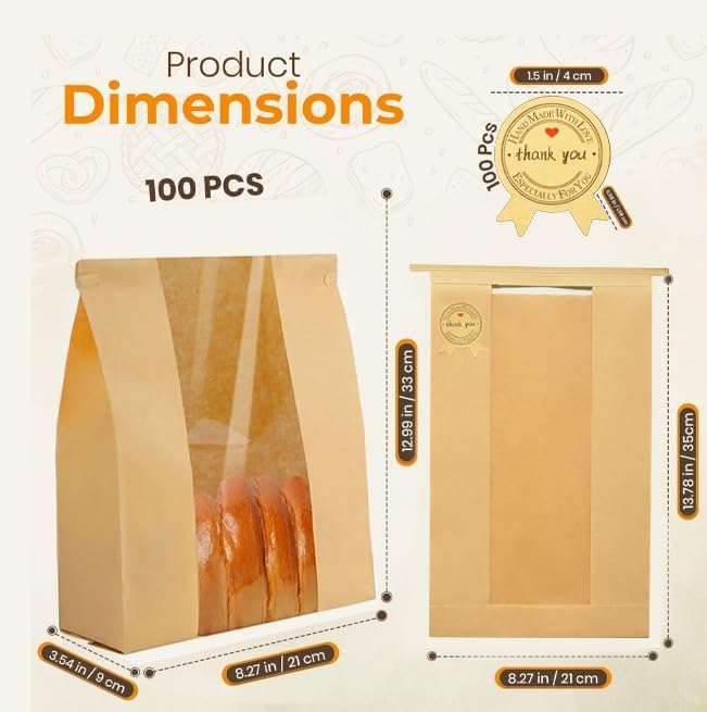 100 Pack UPGRADED THICKEST Brown Paper Bread Bags for Homemade Bread Large Sourdough Bread Bags 13.7"x8.3"x3.5" with TIN TIE LOCK & Clear Window, Rigid Bakery Bags with 100 “Thank You” Seal Stickers