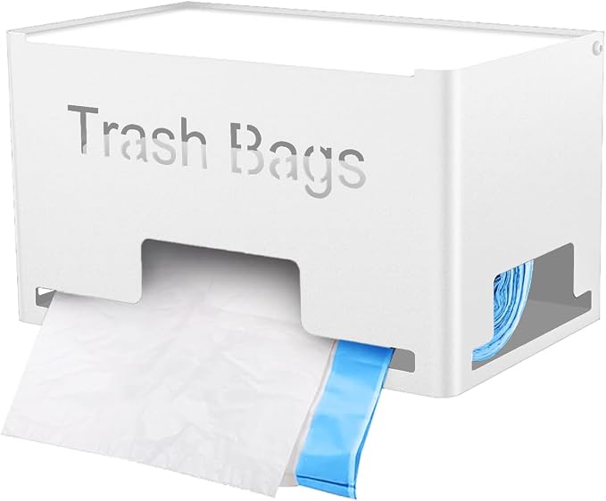 STWWO Large Trash Bag Holder, Garbage Bag Dispenser Roll Holder, White | Trash Bag Storage Organizer for Kitchen Laundry Room Under Sink, Metal Trash Bag Holder Dispenser Wall Mounted /Freestanding